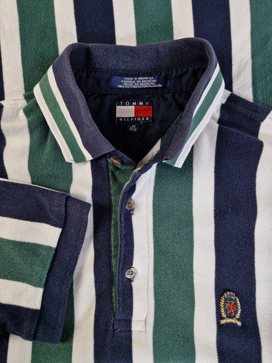 Vintage Tommy Hilfiger Poloshirt Stripes Crest Logo Grün Navy M