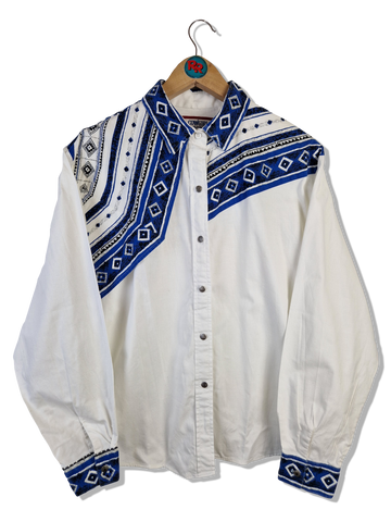 Vintage Cowgirls Rodeo Hemd 80s Made In USA Weiß Blau M