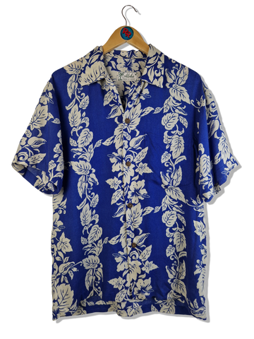 Vintage Aloha Hemd Kurzarm Made In Hawaii Blau Weiß M