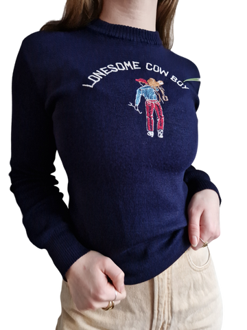Vintage Santana Jeans Strickpullover "Lonesome Cowboy" 80s Made In Italy Mit Repairs Navy XS