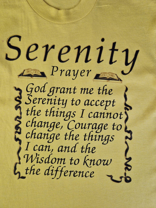 Vintage Fruit Of The Loom Shirt "Serenity Prayer: God grant me the Serenity..." Single Stitch Made In USA Gelb M