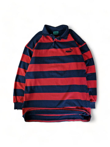Vintage Puma Sweater Mit Polokragen 80s #50 Made In France Gestreift Schwarz Rot L-XL