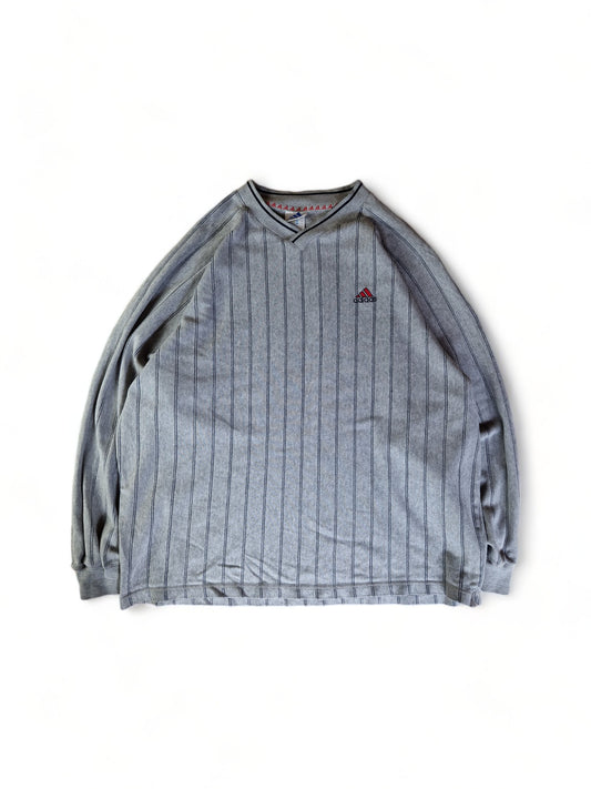 Vintage Adidas Sweater Gestreift V-Ausschnitt Grau Schwarz XL
