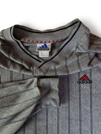 Vintage Adidas Sweater Gestreift V-Ausschnitt Grau Schwarz XL