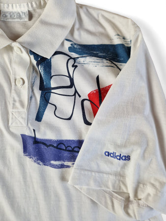 Vintage Adidas Polo Shirt Tennis Abstract Pattern Bunt Weiß L