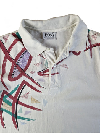 Vintage Boss Polo Shirt Tennis Abstract Pattern Weiß Bunt XL