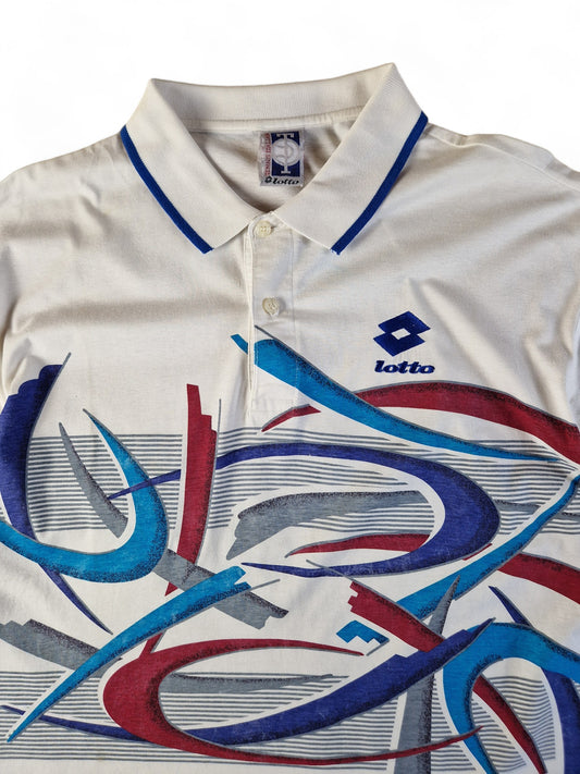 Vintage Lotto Polo Shirt Tennis Italiano Abstract Pattern Weiß Bunt L-XL