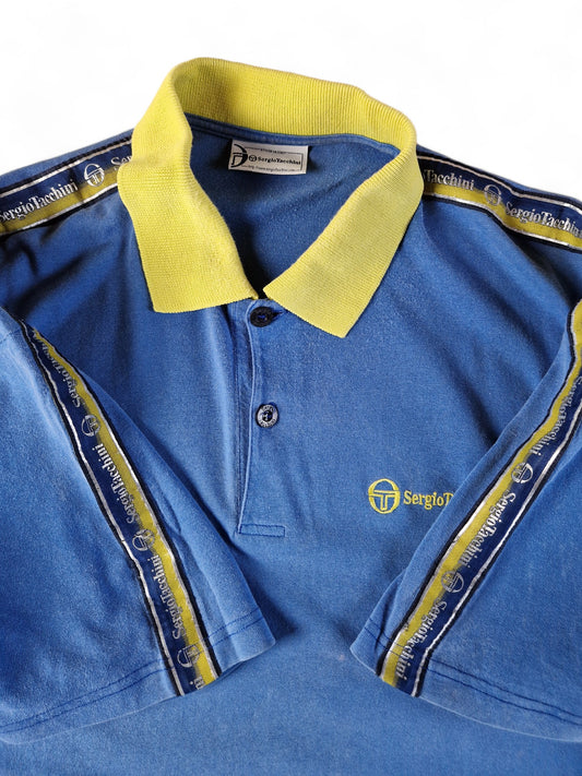 Vintage Sergio Tacchini Polo Shirt Logostreifen Blau Gelb M-L