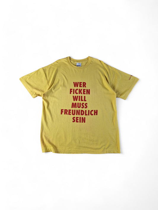 Vintage Screen Stars Shirt Maria Perzil "Wer ficken will muss freundlich sein" Single Stitch Made In Ireland Gelb XL