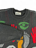 Vintage Carlo Colucci Strickpullover 90s Hand- und Fußabdrücke Mit Schurwolle Made In Germany Grau Bunt L-XL
