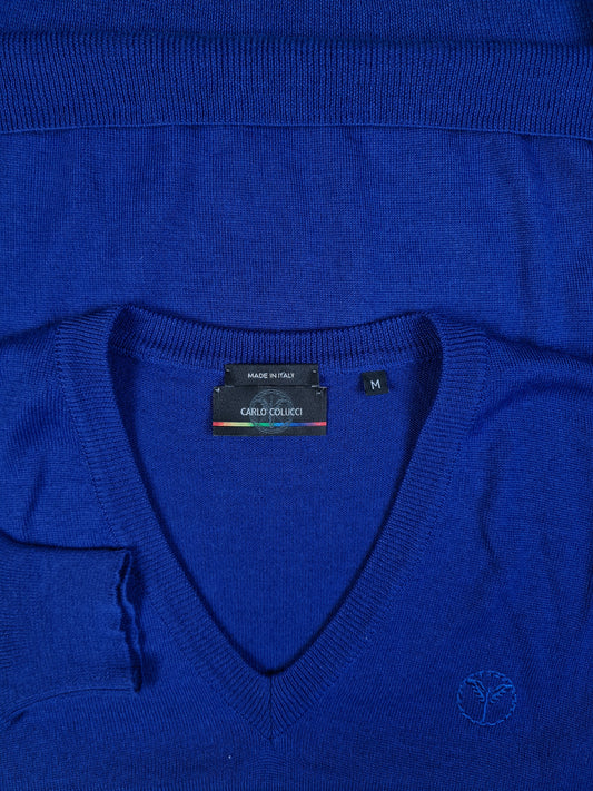 Moderner Carlo Colucci Pullover Merino Anteil V-Ausschnitt Made In Italy Blau M