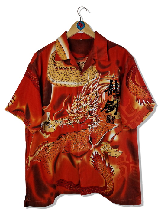 Y2K Dragon Kurzarmhemd Allover Print Rot Orange L-XL