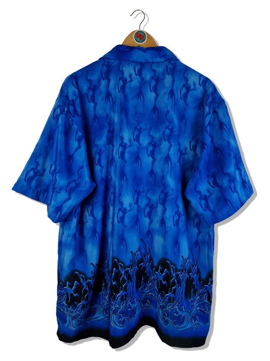 Vintage Street Culture Kurzarmhemd Abstract Wave Pattern Made In Korea Blau XL