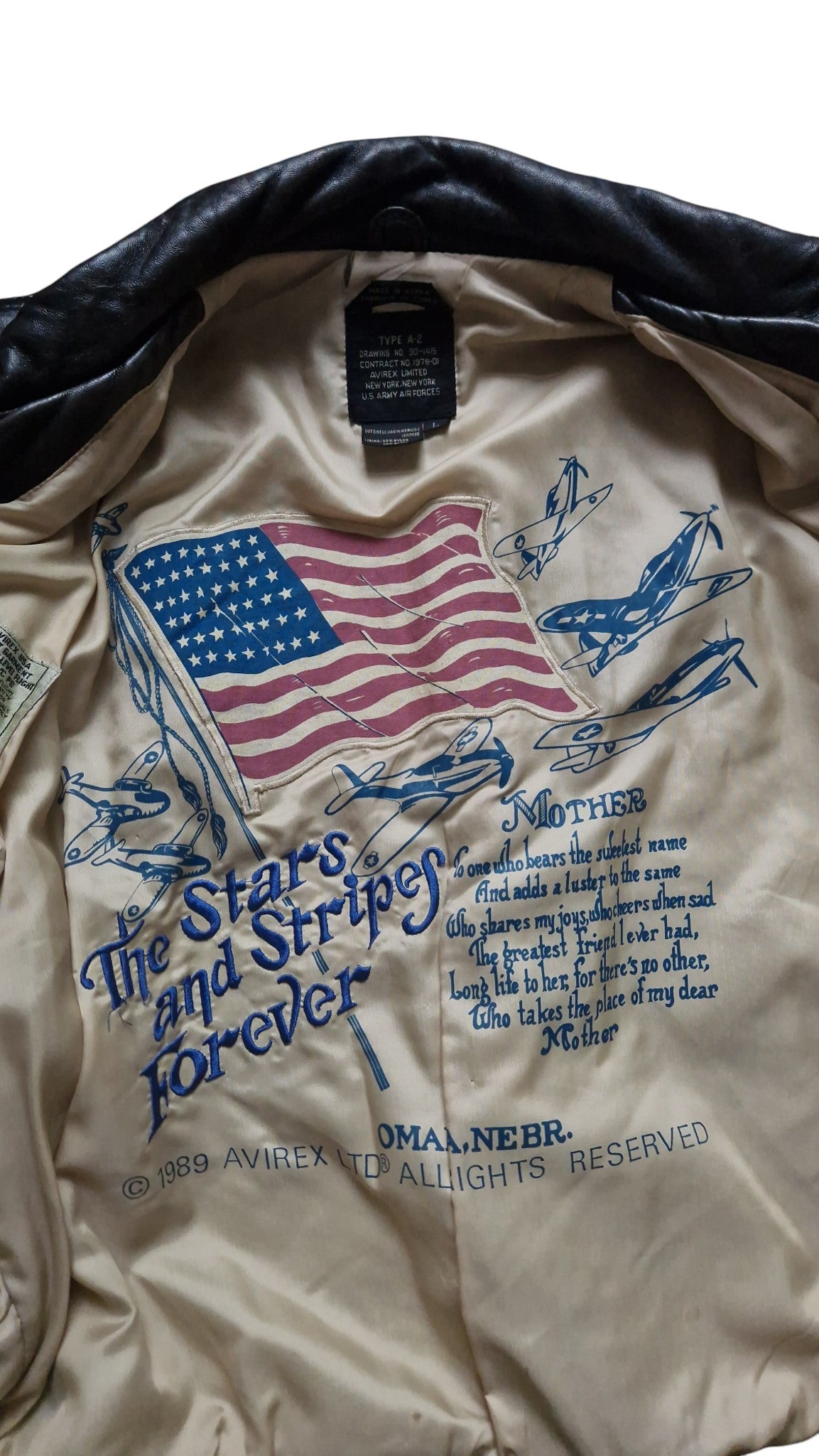Rare! 1989 Avirex Lederjacke A2 "Sweetest Of Texas England 1944" Made In Korea Dunkelbraun