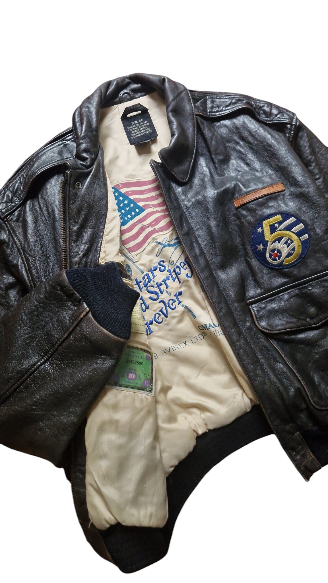 Rare! 1989 Avirex Lederjacke A2 "Sweetest Of Texas England 1944" Made In Korea Dunkelbraun