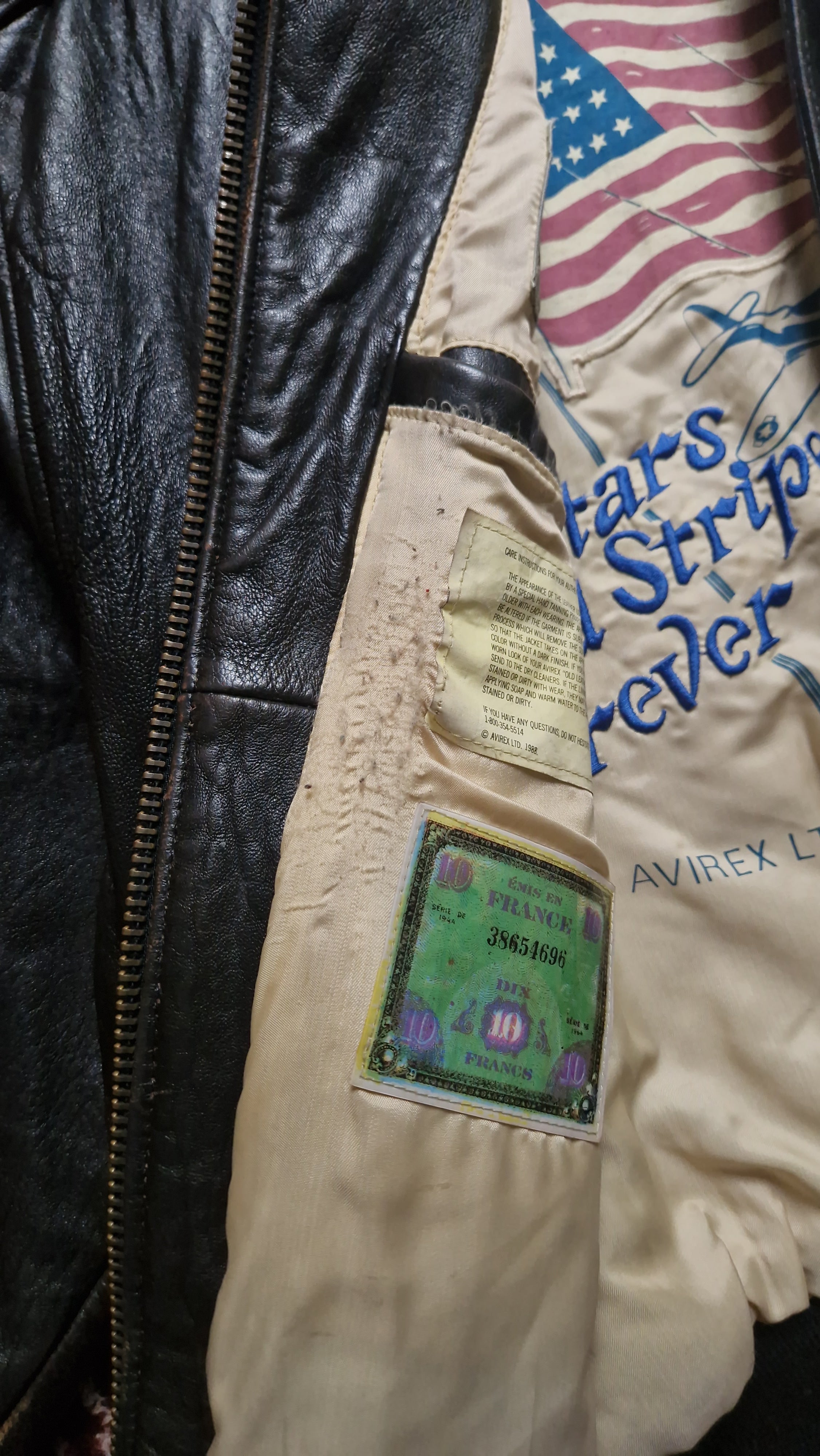 Rare! 1989 Avirex Lederjacke A2 "Sweetest Of Texas England 1944" Made In Korea Dunkelbraun