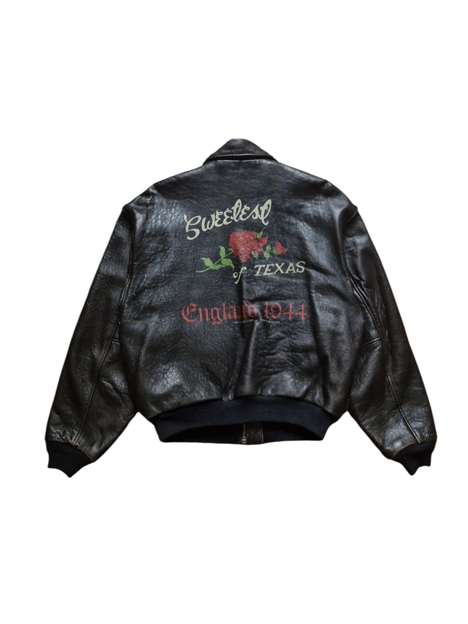 Rare! 1989 Avirex Lederjacke A2 "Sweetest Of Texas England 1944" Made In Korea Dunkelbraun
