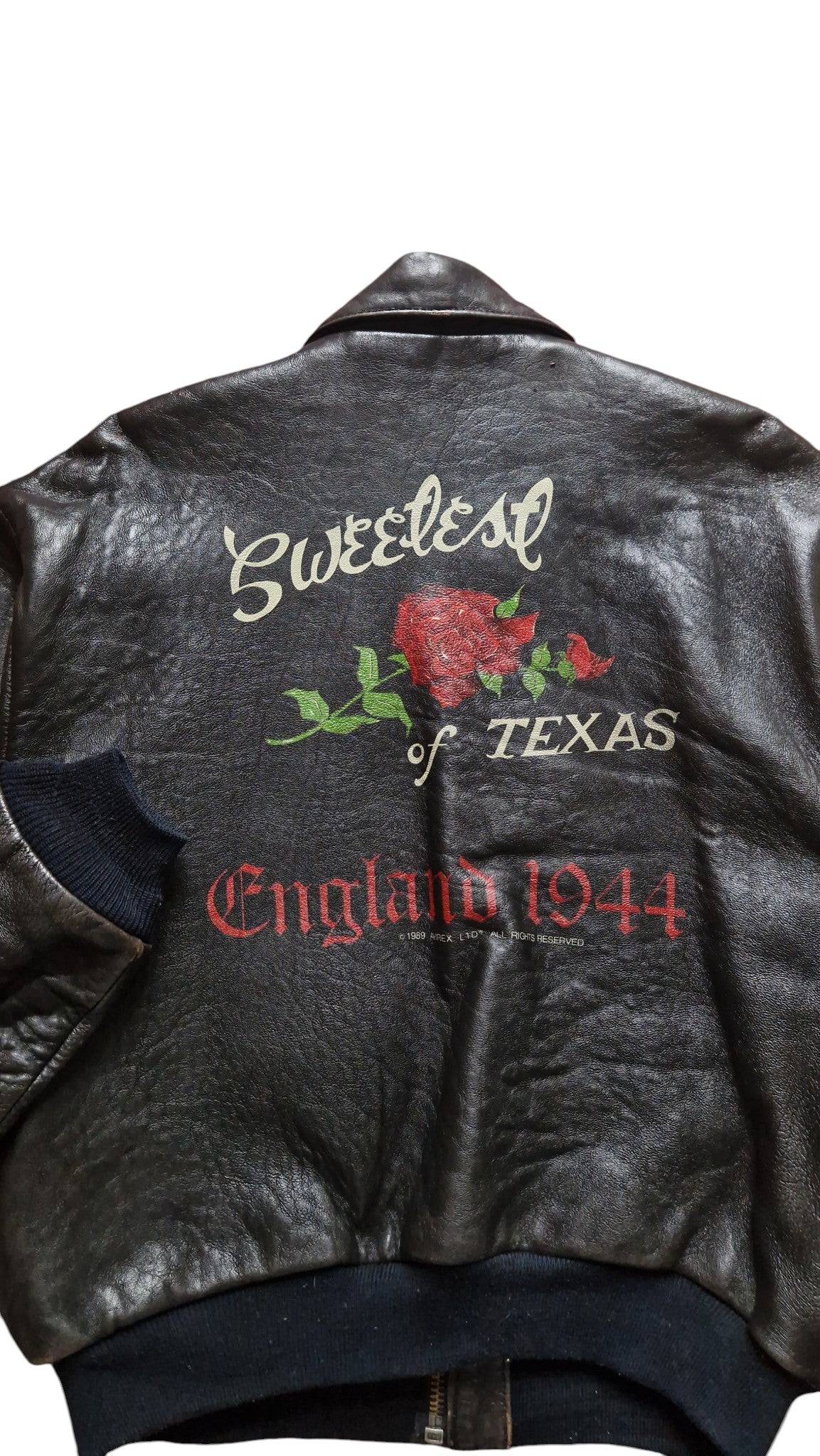 Rare! 1989 Avirex Lederjacke A2 "Sweetest Of Texas England 1944" Made In Korea Dunkelbraun