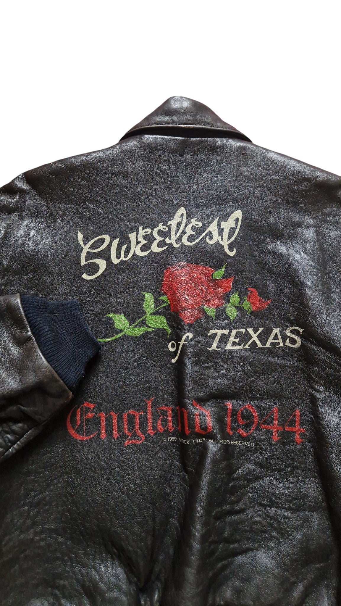 Rare! 1989 Avirex Lederjacke A2 "Sweetest Of Texas England 1944" Made In Korea Dunkelbraun