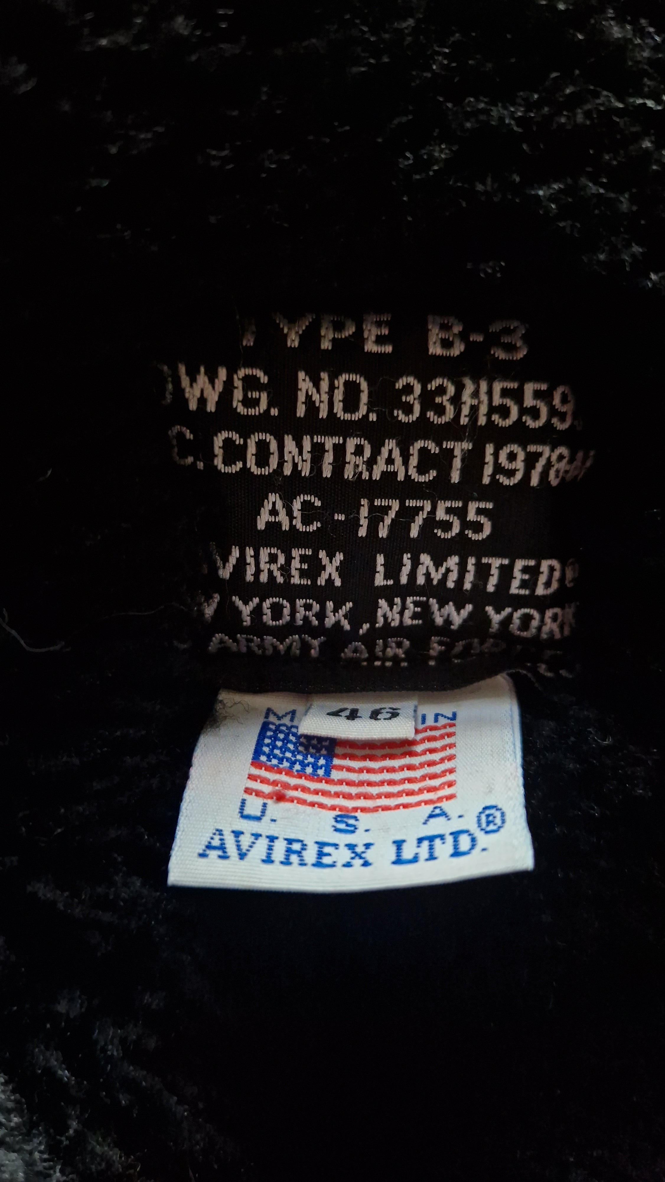 80s Avirex Lederjacke Black Sheepskin B3 Flight/Bomber Scovill Zip Schwarz