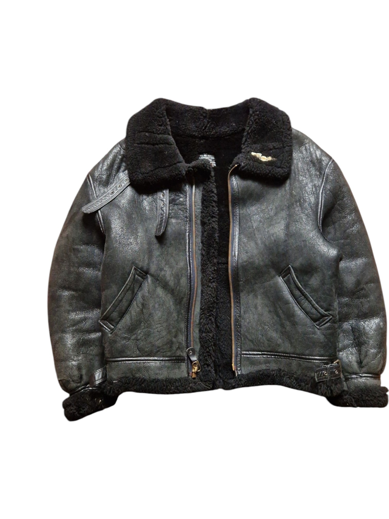 80s Avirex Lederjacke Black Sheepskin B3 Flight/Bomber Scovill Zip Schwarz