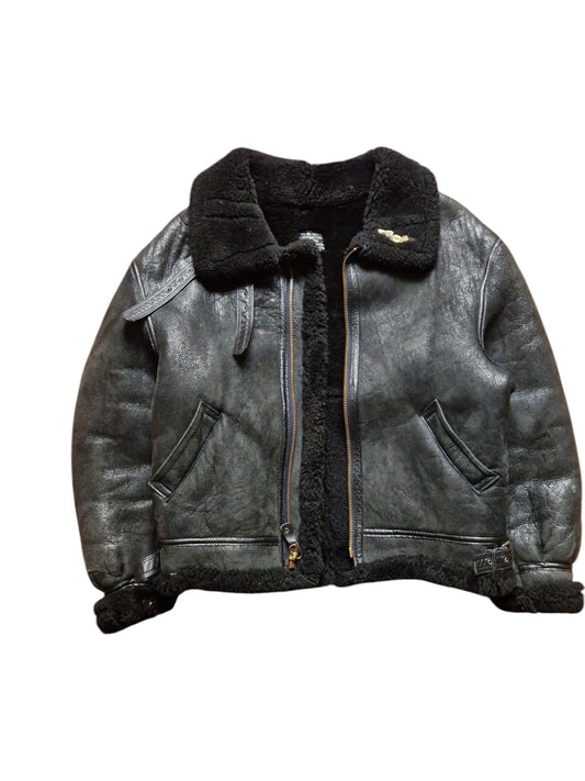80s Avirex Lederjacke Black Sheepskin B3 Flight/Bomber Scovill Zip Schwarz