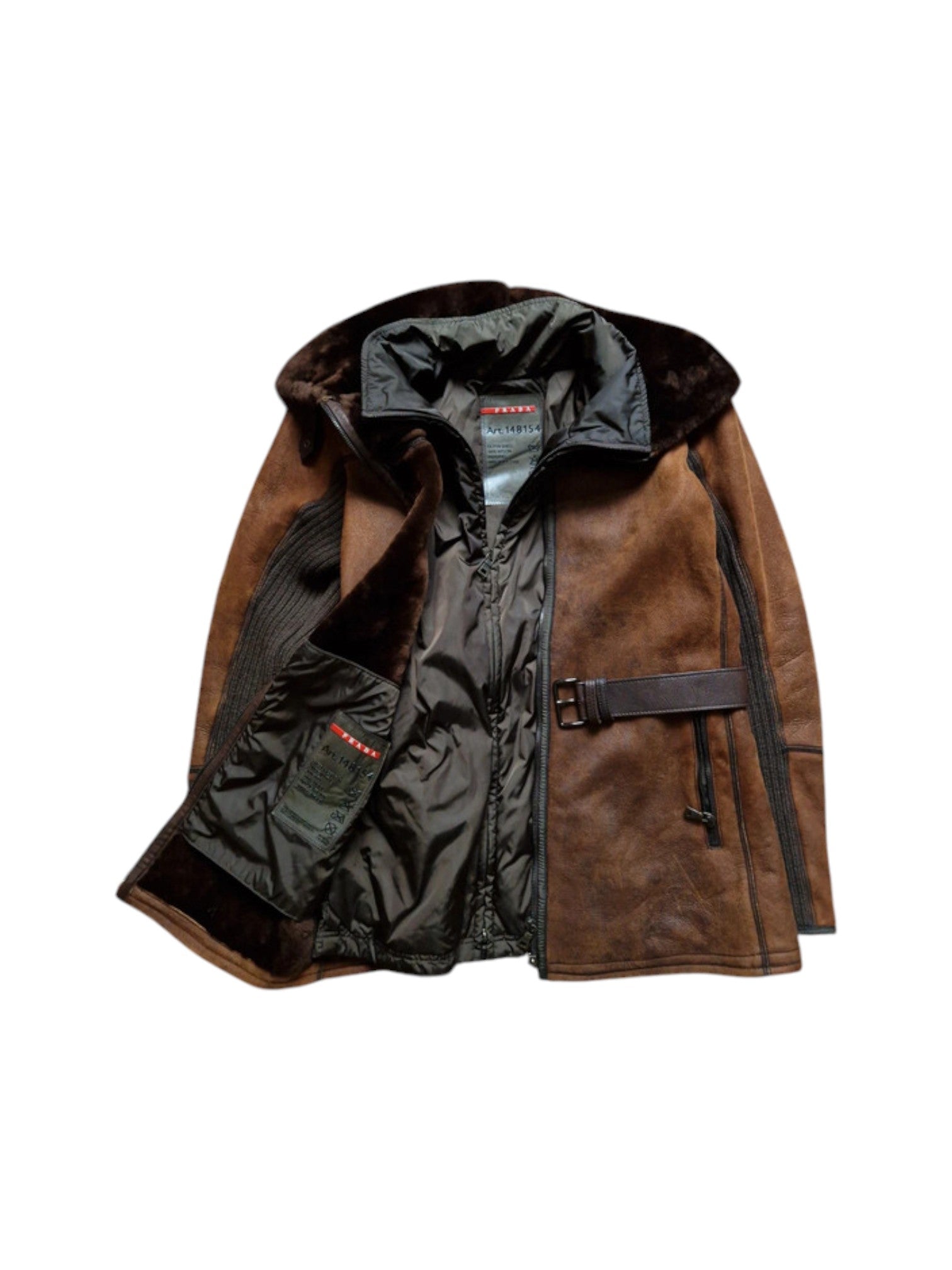 00s Prada Damen Shearlingjacke Mit Nylon Weste Linea Rossa Art. 148154 Braun TG 44 M
