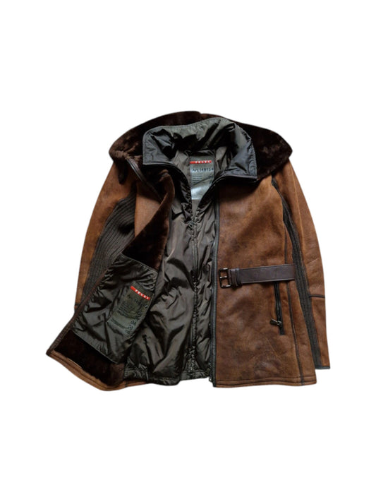 00s Prada Damen Shearlingjacke Mit Nylon Weste Linea Rossa Art. 148154 Braun TG 44 M