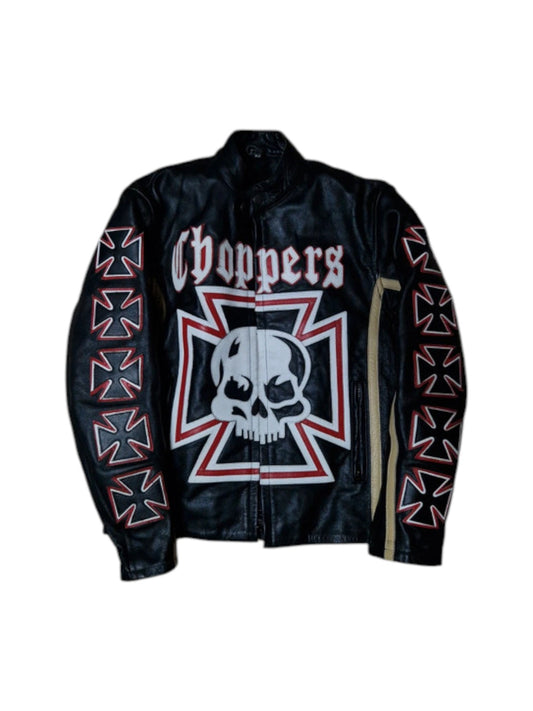90s Biker Lederjacke Choppers Skull Schwarz XS-S