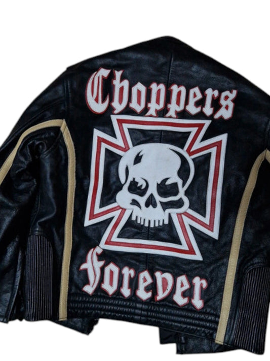 90s Biker Lederjacke Choppers Skull Schwarz XS-S
