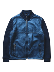 90s Paul & Shark Yachting Knit Sleeve Lederjacke Schurwolle Riri Zip Schwarz Dunkelblau