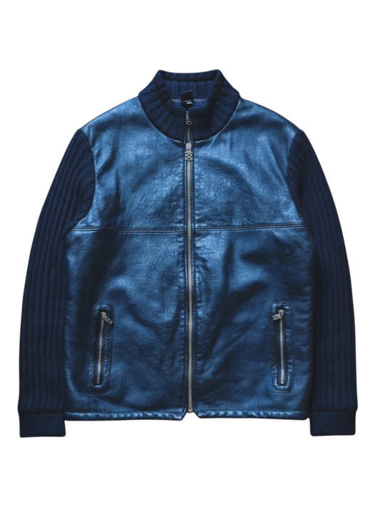 90s Paul & Shark Yachting Knit Sleeve Lederjacke Schurwolle Riri Zip Schwarz Dunkelblau