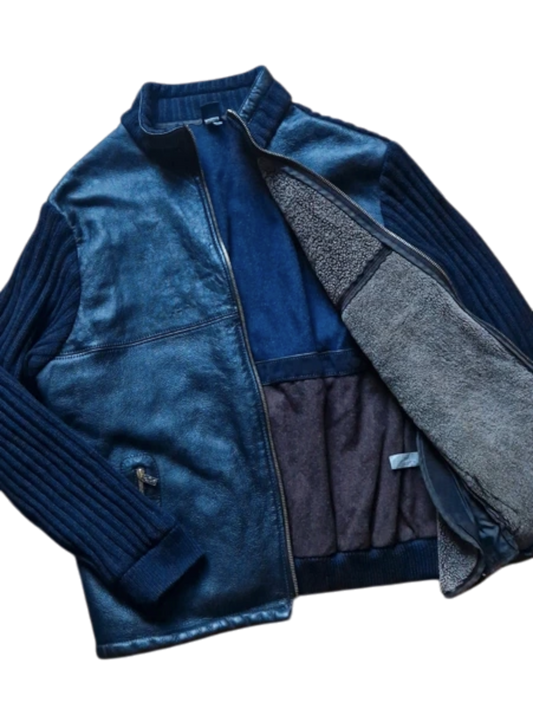 90s Paul & Shark Yachting Knit Sleeve Lederjacke Schurwolle Riri Zip Schwarz Dunkelblau