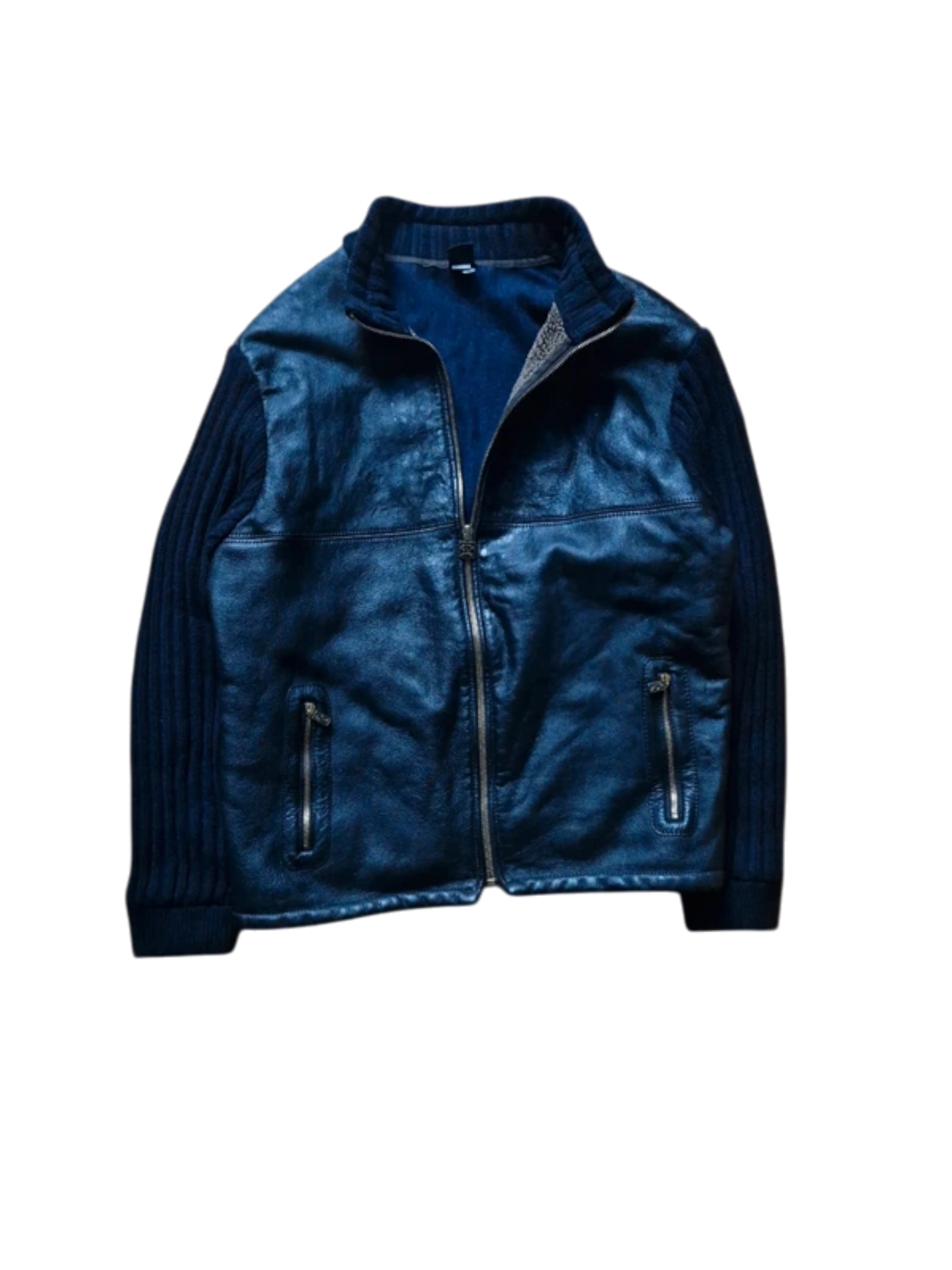 90s Paul & Shark Yachting Knit Sleeve Lederjacke Schurwolle Riri Zip Schwarz Dunkelblau
