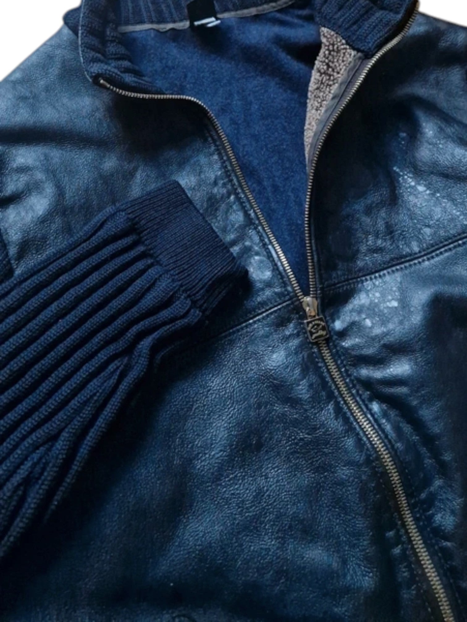 90s Paul & Shark Yachting Knit Sleeve Lederjacke Schurwolle Riri Zip Schwarz Dunkelblau