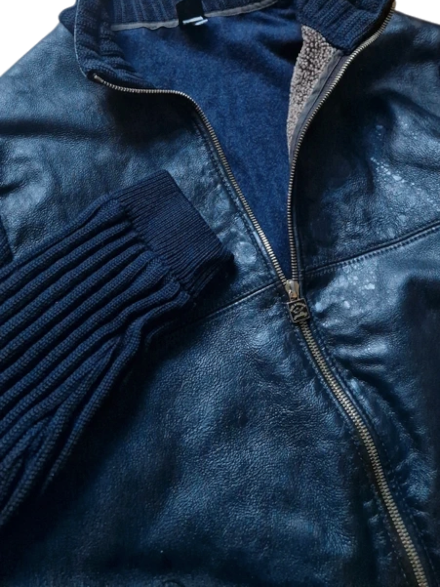 90s Paul & Shark Yachting Knit Sleeve Lederjacke Schurwolle Riri Zip Schwarz Dunkelblau