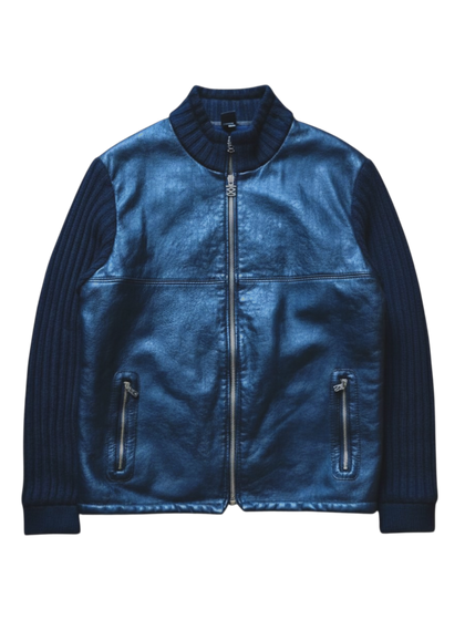 90s Paul & Shark Yachting Knit Sleeve Lederjacke Schurwolle Riri Zip Schwarz Dunkelblau