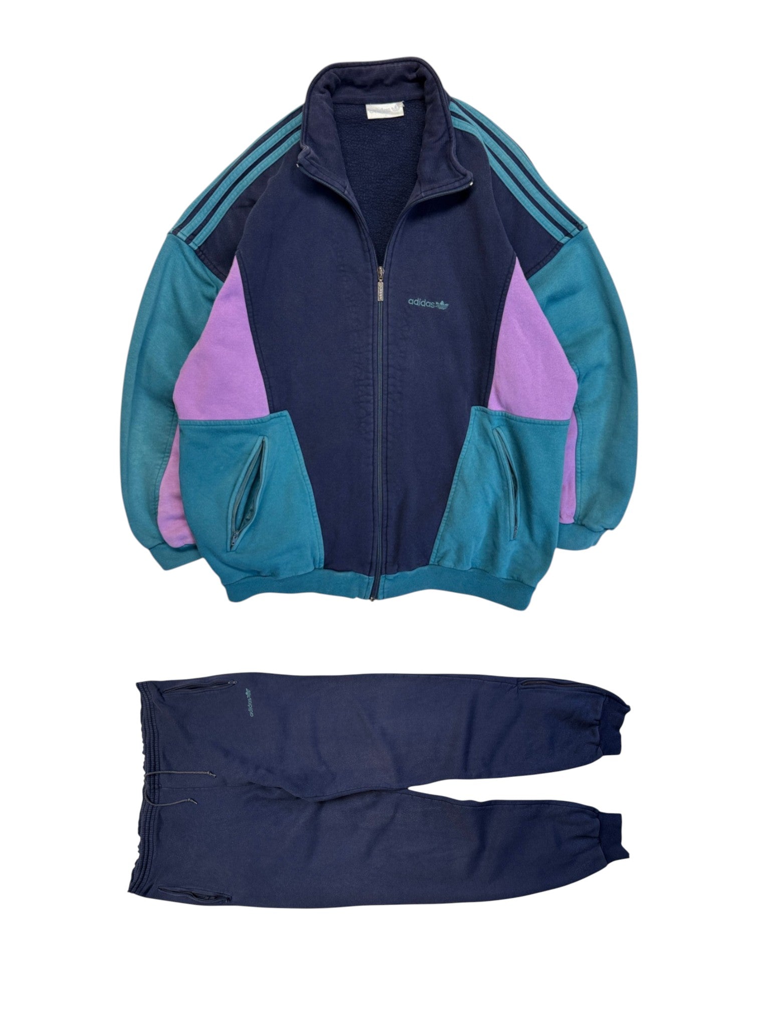 90s Adidas Sweatsuit Full Zip Dunkelblau Grün D7 L