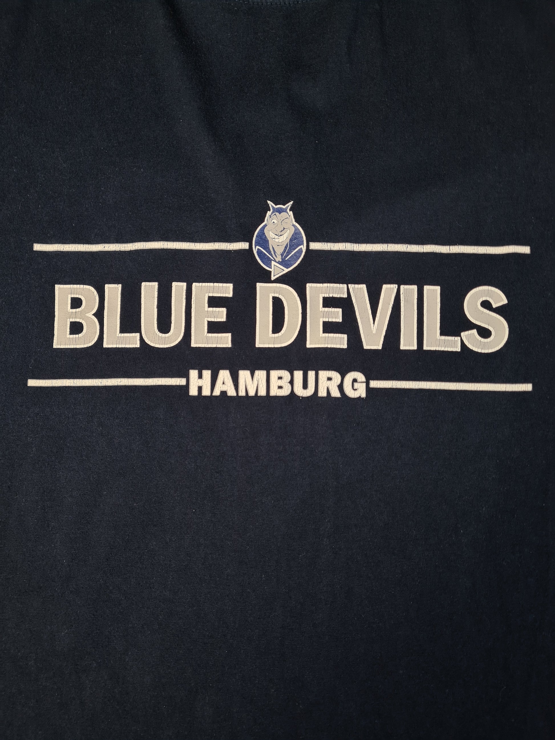Vintage Jerzees Shirt Blue Devils Hamburg Football Merch Dunkelblau L - RareRags