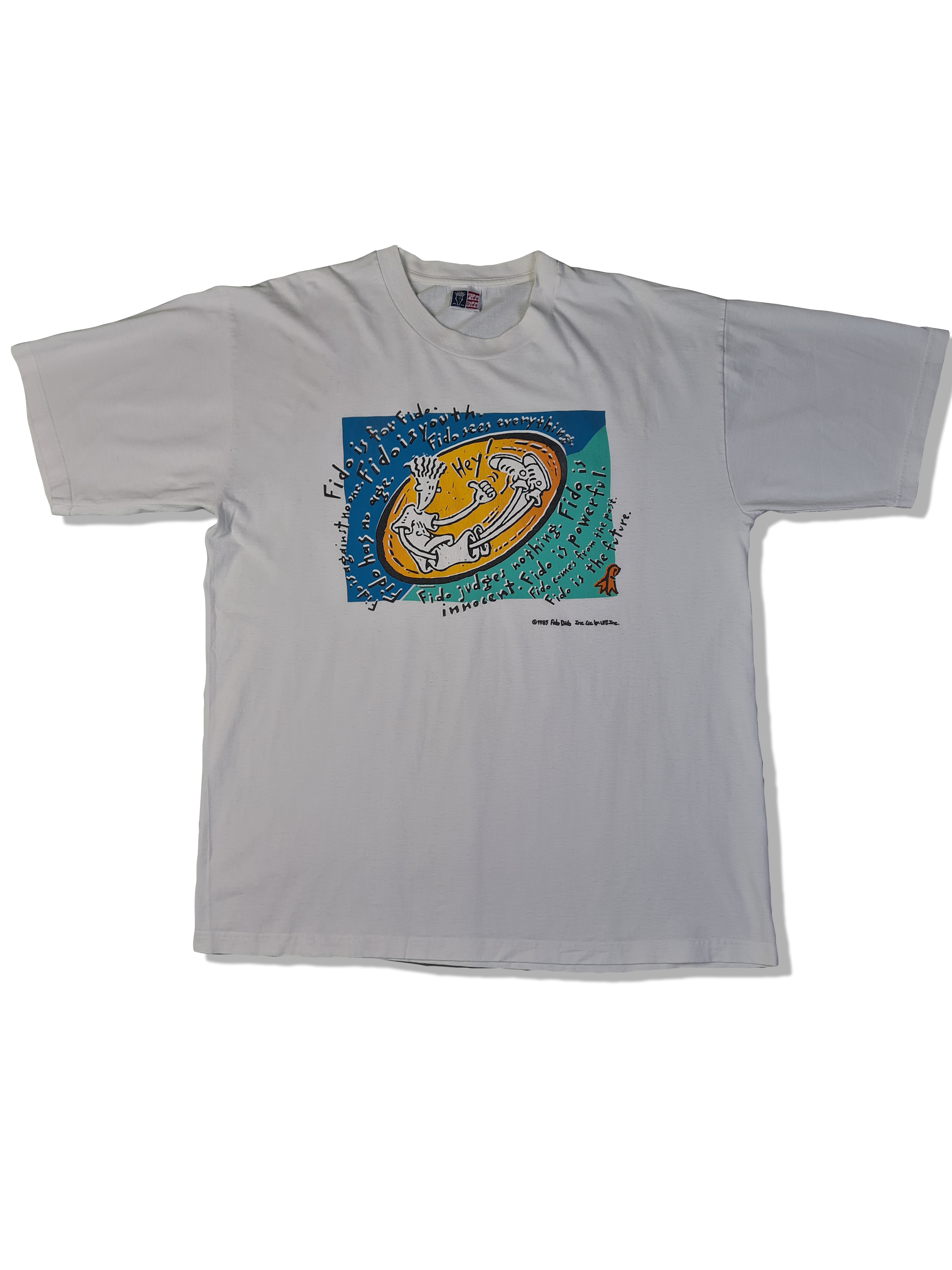 Vintage Fido Dido Shirt Pepsi "Fido judges nothing, Fido is innocent" Made In Italy Weiß XL