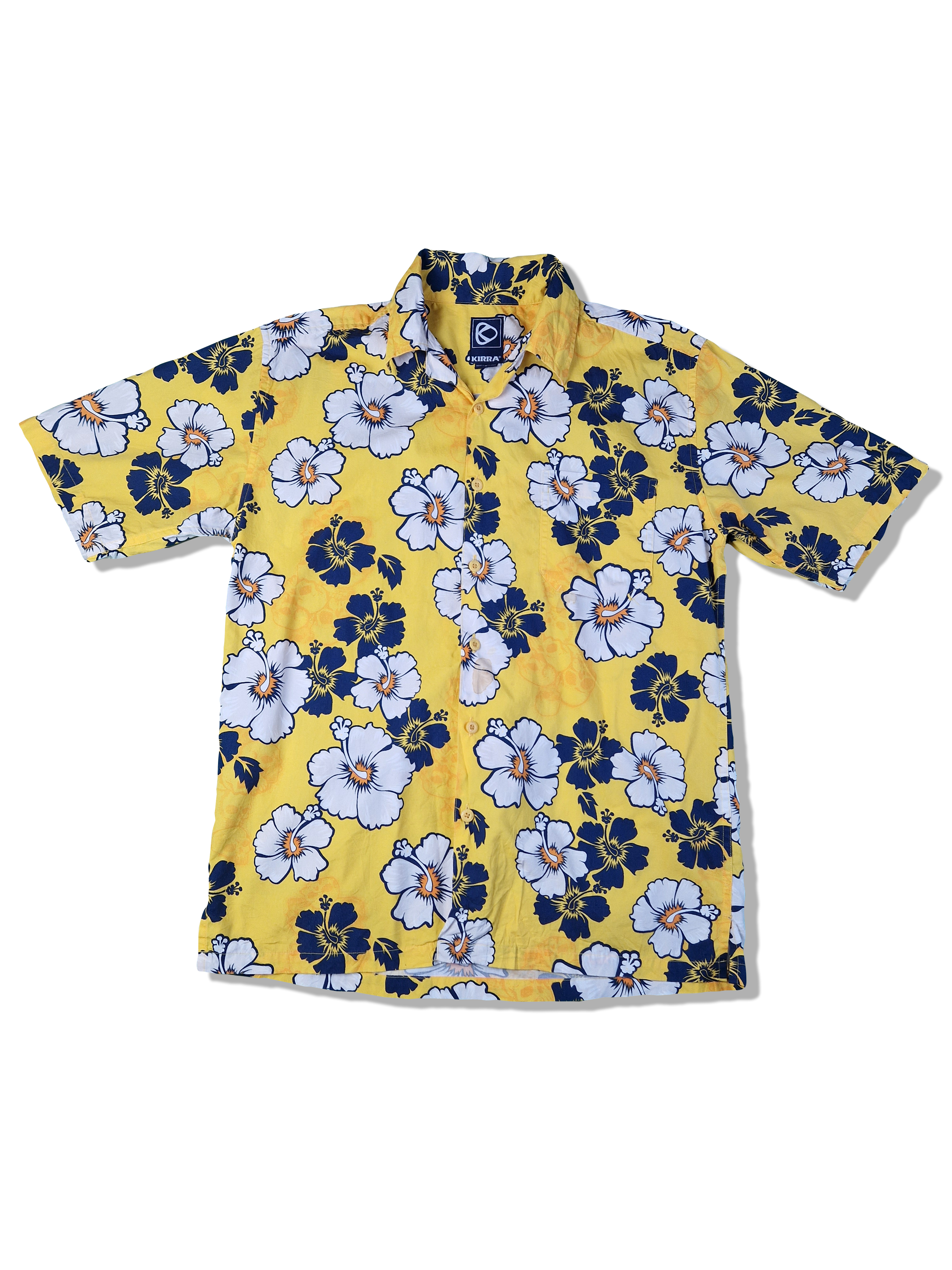 Vintage Kirra Hawaiihemd Kurzarm Made In Hong Kong Hibiskus Blüte Gelb Blau S