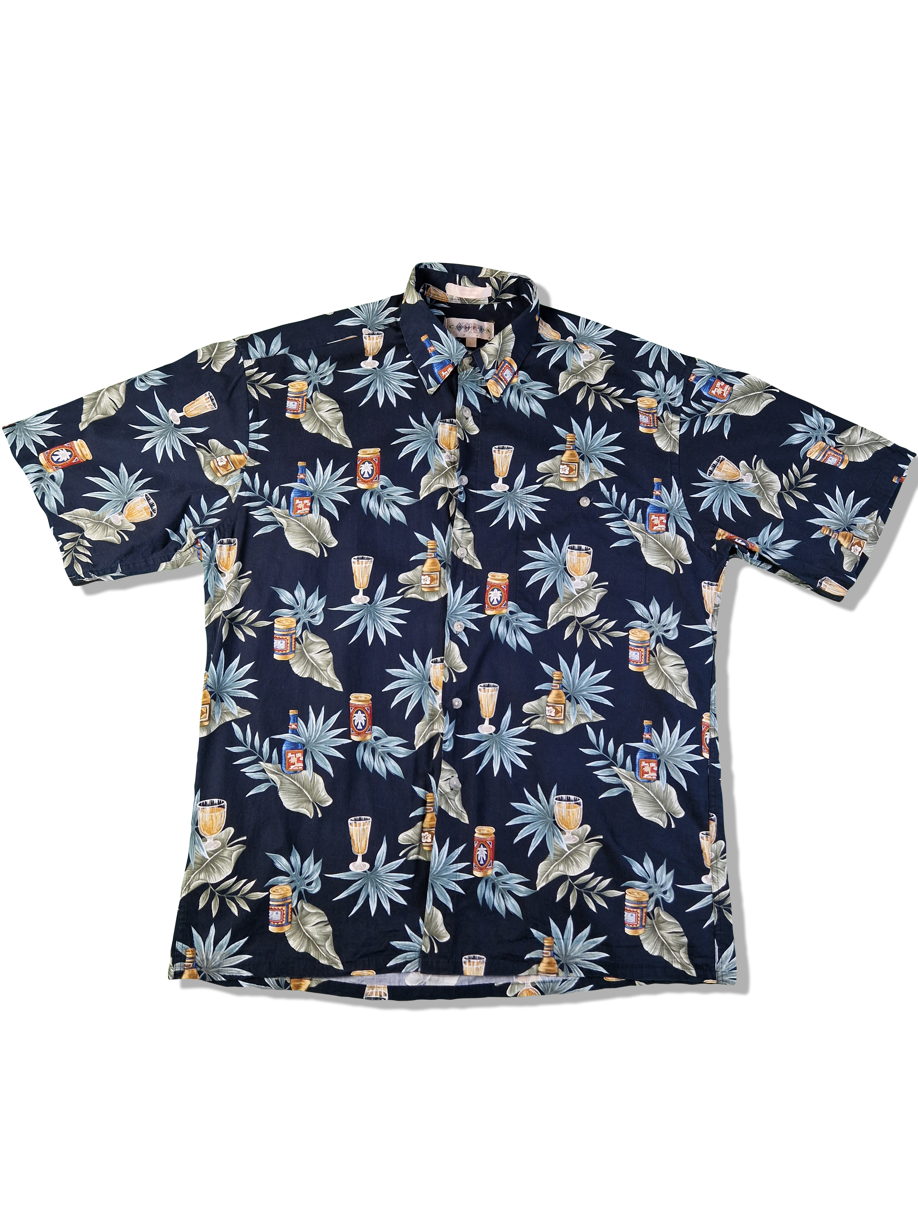 Vintage Campia Hawaiihemd Kurzarm Flora&Getränke Made In Korea Dunkelblau L