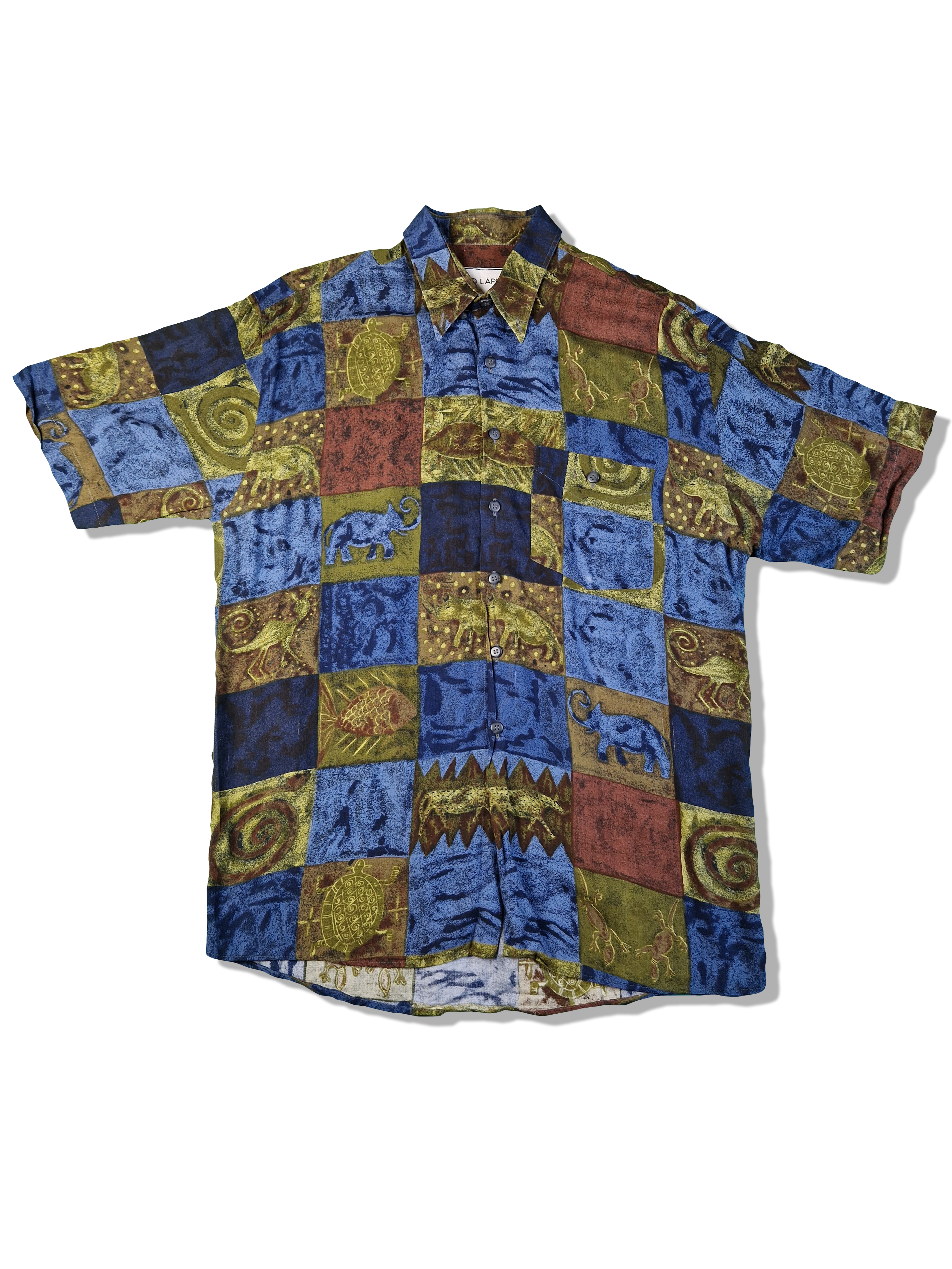 Vintage Ted Lapidus Hemd Kurzarm Höhlenmalerei Blau Grün (4) L-XL