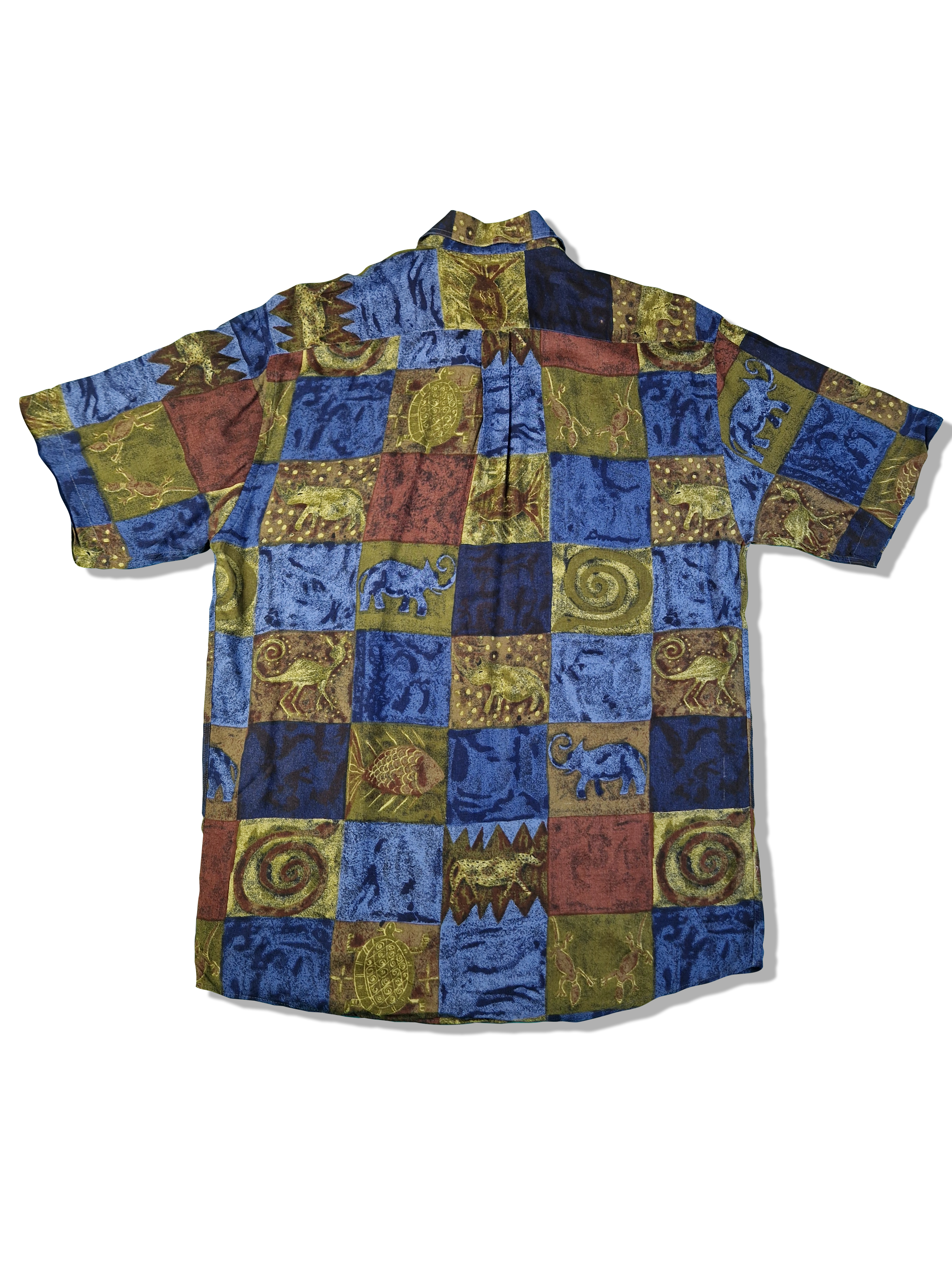 Vintage Ted Lapidus Hemd Kurzarm Höhlenmalerei Blau Grün (4) L-XL