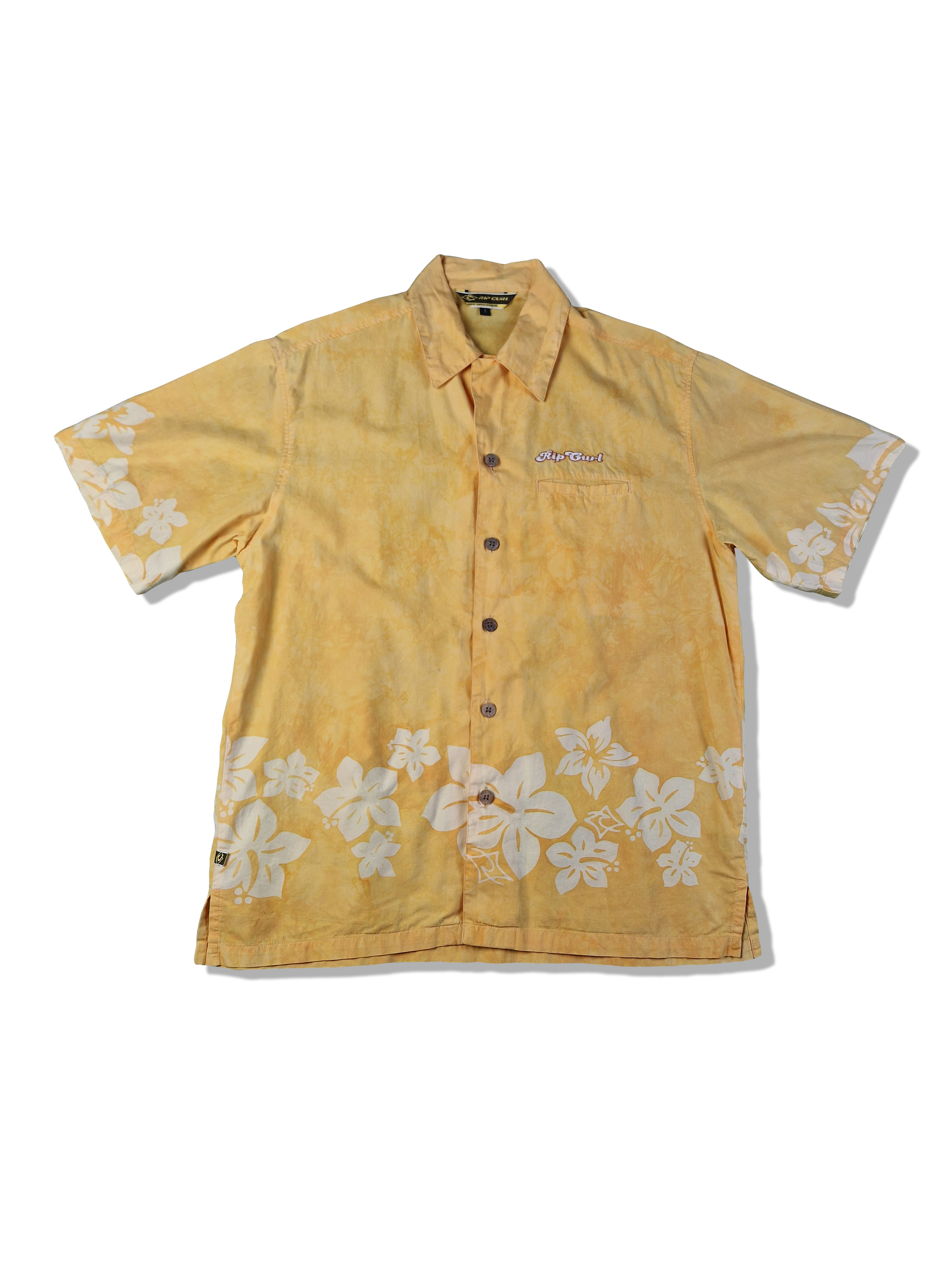 Vintage Rip Curl Hemd Kurzarm Hawaii Hibiskus Surfer Gelb Weiß S