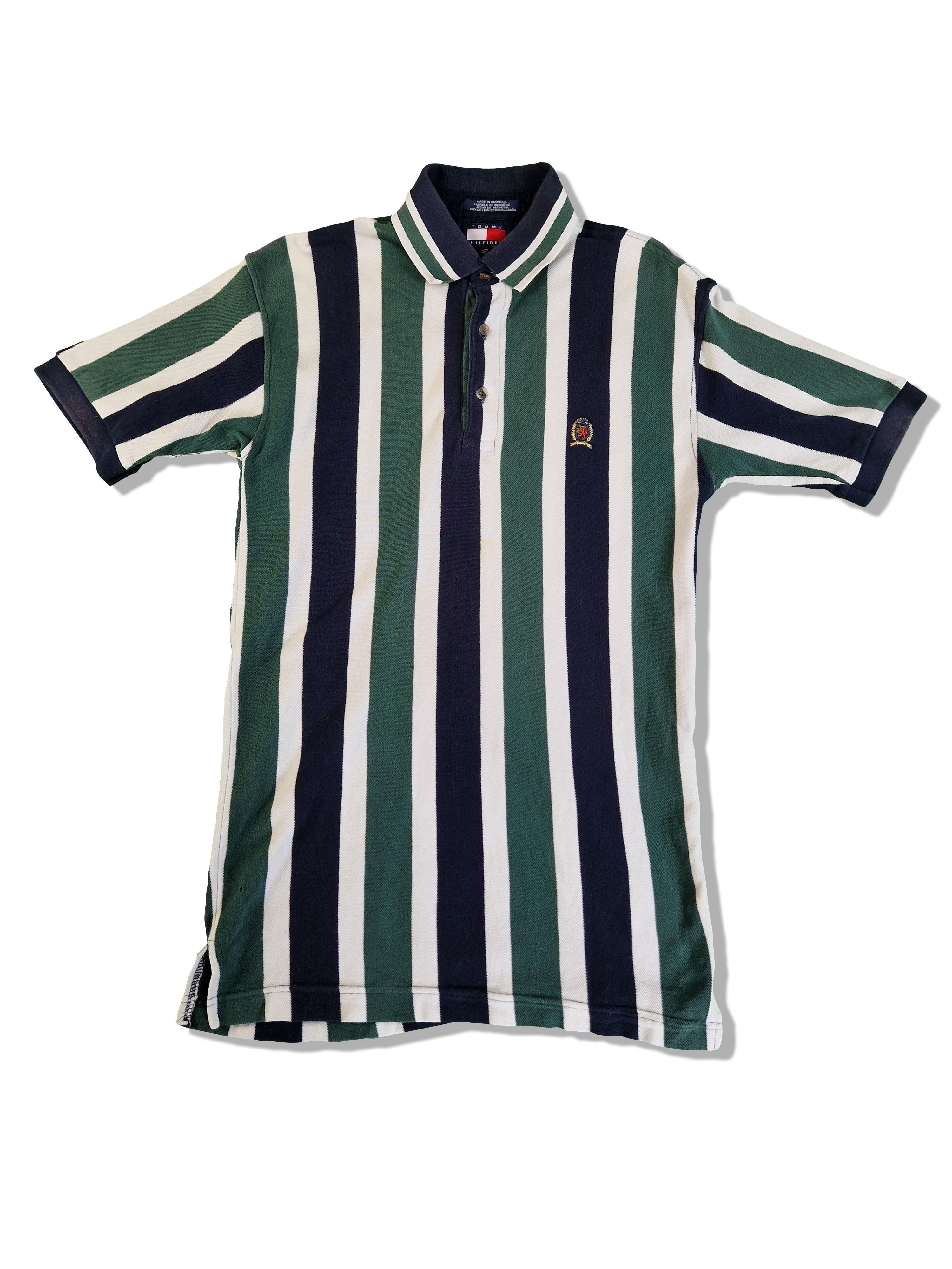 Vintage Tommy Hilfiger Poloshirt Stripes Crest Logo Grün Navy M