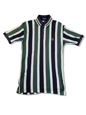 Vintage Tommy Hilfiger Poloshirt Stripes Crest Logo Grün Navy M
