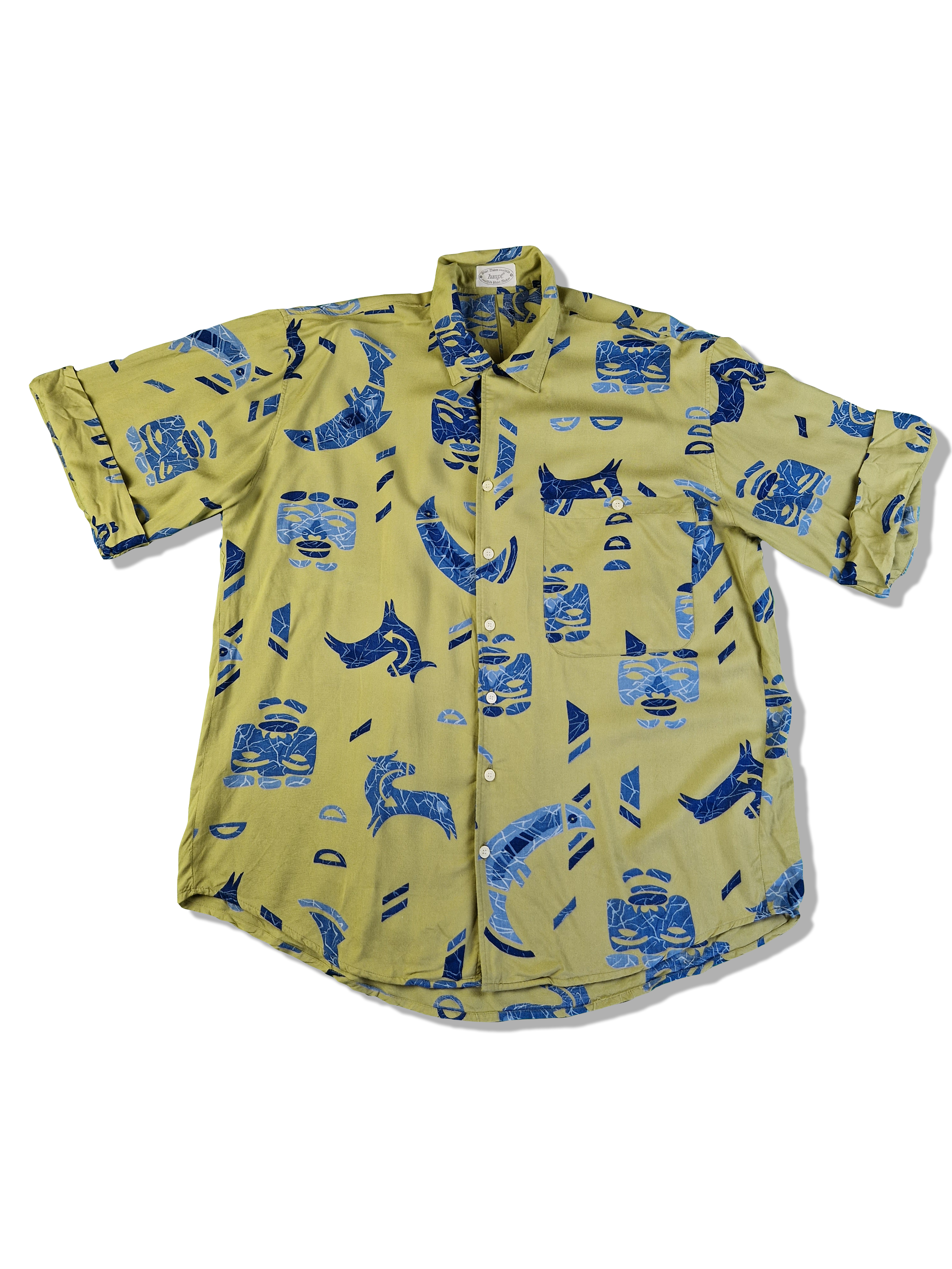 Vintage Haupt Hemd Kurzarm Gesicht Gelb Blau M-L