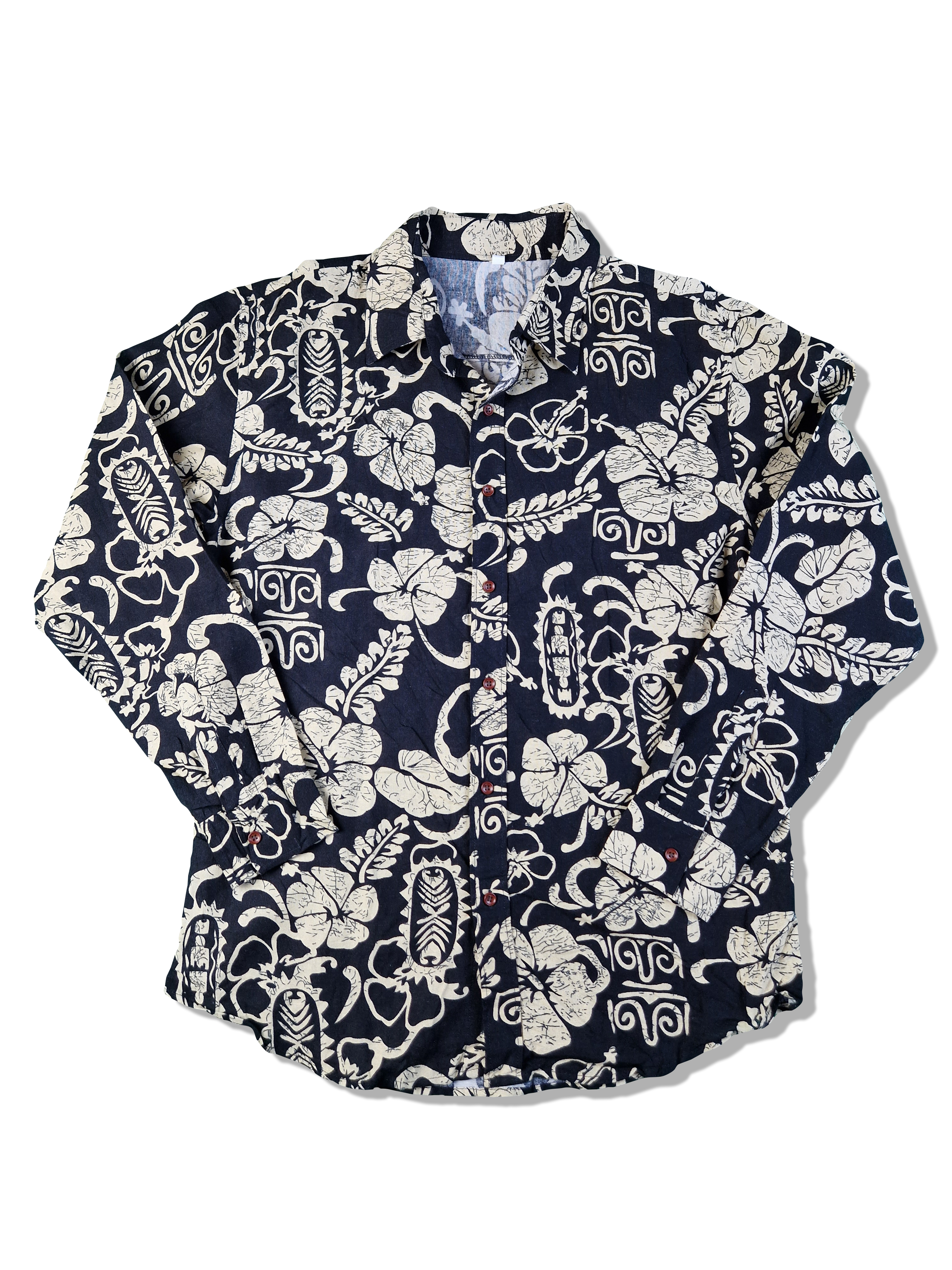 Vintage Hawaii Hemd Langarm Hibiskus Creme Schwarz XXL-XXXL