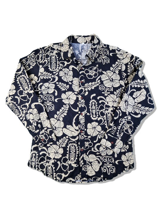 Vintage Hawaii Hemd Langarm Hibiskus Creme Schwarz XXL-XXXL